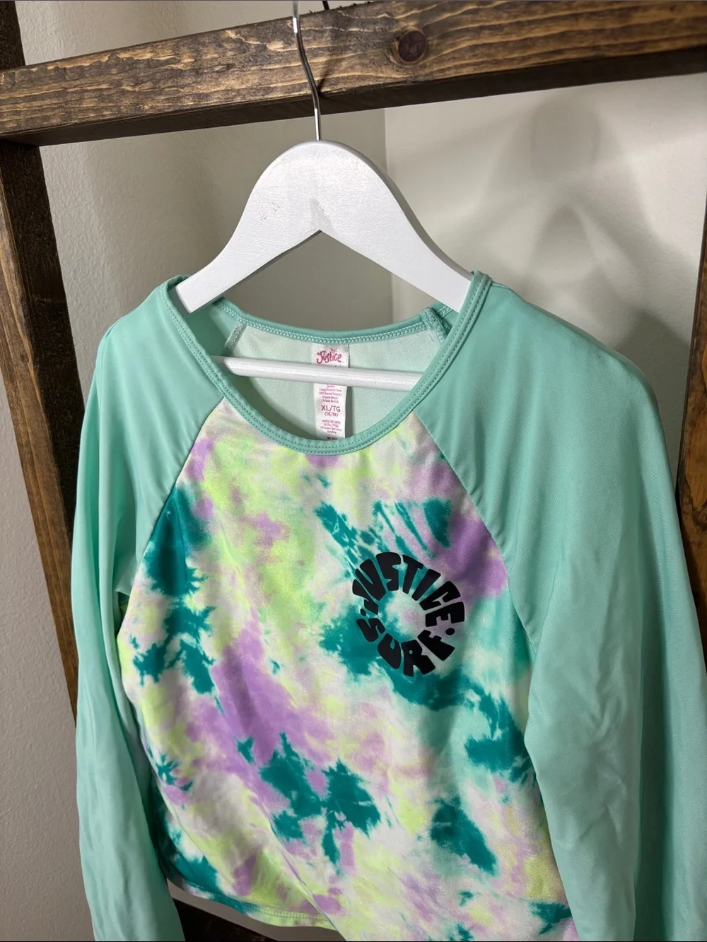 Justice Pastel Tie-Dye Raglan Long Sleeve Rashguard Size XL
